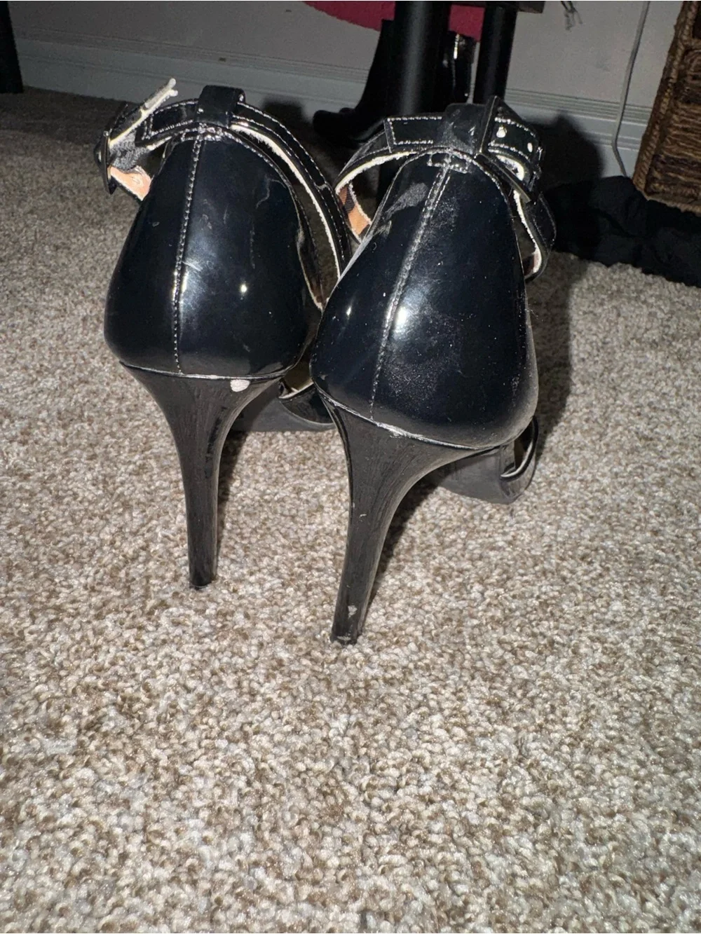 Christian Siriano Black Patent Leopard Ankle Strap Heels
